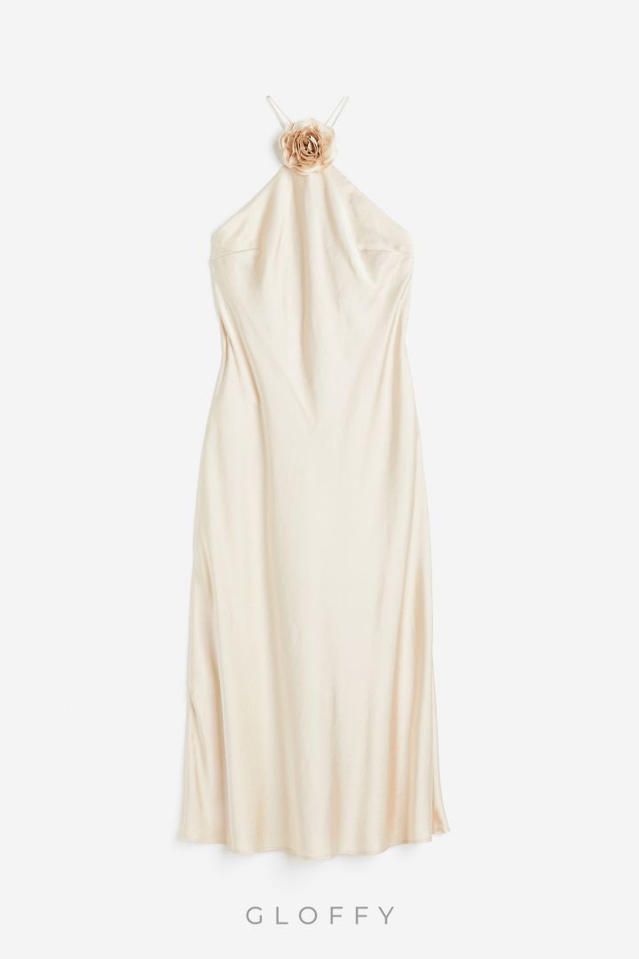 Lilianne Gül Detaylı Halter Yaka Midi Elbise