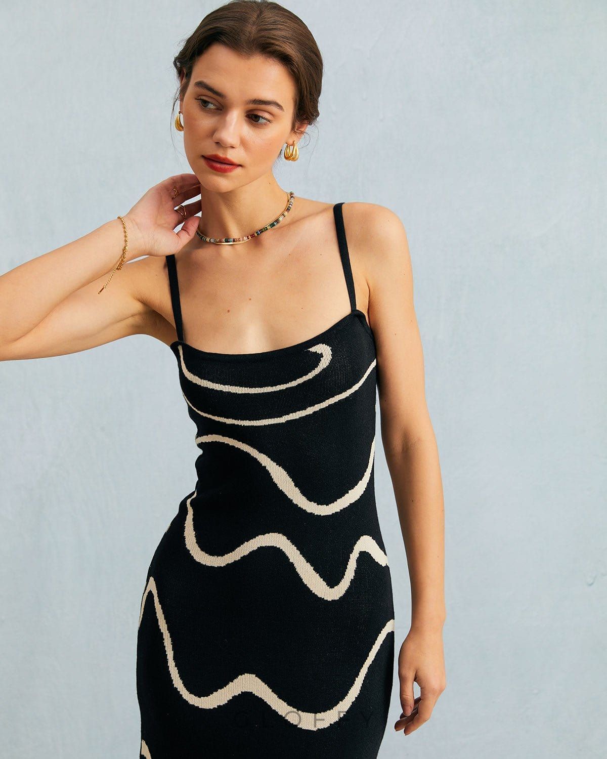 Mirelle Dalga Desenli Triko Askılı Midi Elbise