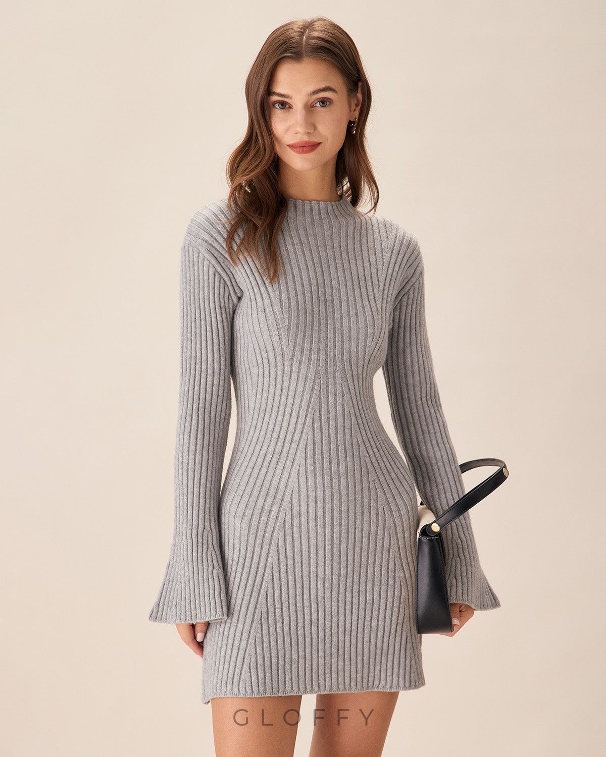 Mira Gri Bisiklet Yaka Çan Kollu Triko Elbise